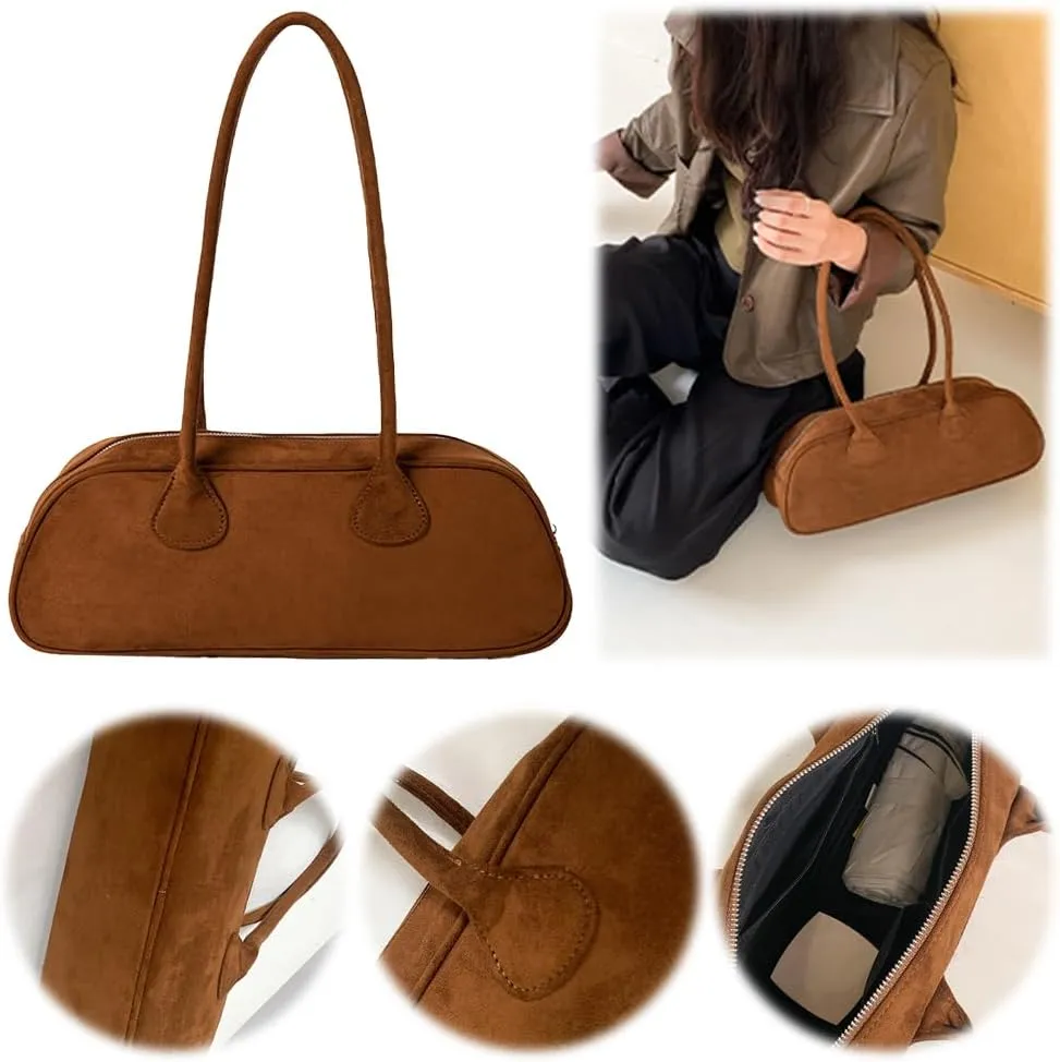 Women Suede Boston Tote Bag Zipper Shoulder Bag Multi-pocket Solid Color Clutch Purse for Shopping Travel