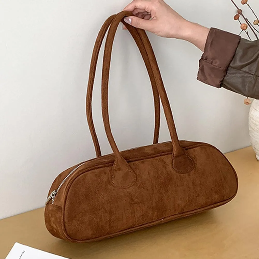 Women Suede Boston Tote Bag Zipper Shoulder Bag Multi-pocket Solid Color Clutch Purse for Shopping Travel