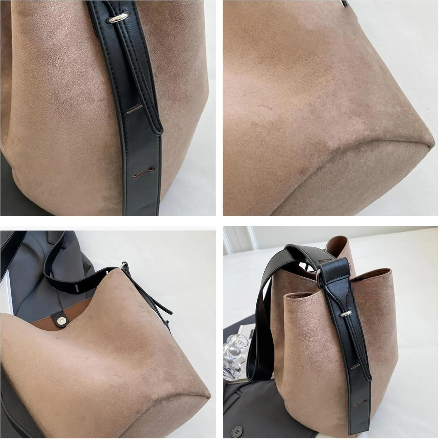 Women Suede Bucket Shoulder Bag Fashion Vegan Leather Slouchy Hobo Bag Office Tote Handbag Crossbody Designer Purse