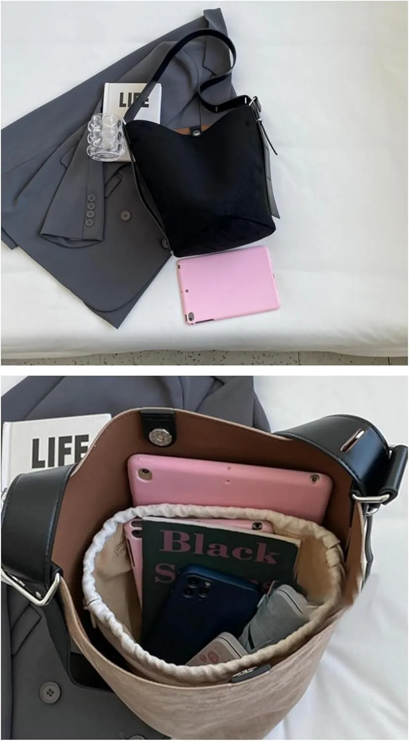 Women Suede Bucket Shoulder Bag Fashion Vegan Leather Slouchy Hobo Bag Office Tote Handbag Crossbody Designer Purse