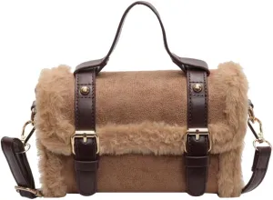 Women Suede Shoulder Bag Plush Velvet Messenger Bag Small Square Handbag Satchel Purse for Work Travel Shopping