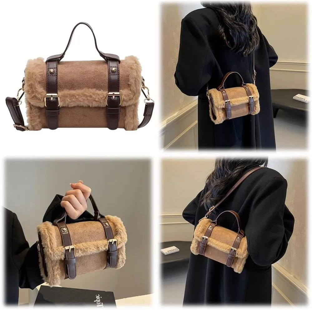 Women Suede Shoulder Bag Plush Velvet Messenger Bag Small Square Handbag Satchel Purse for Work Travel Shopping