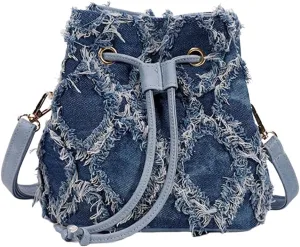 Women Tassel Shoulder Bag Denim Mini Crossbody Purse Solid Color Tether Retro Bag Lattice Daily Outdoor Bag