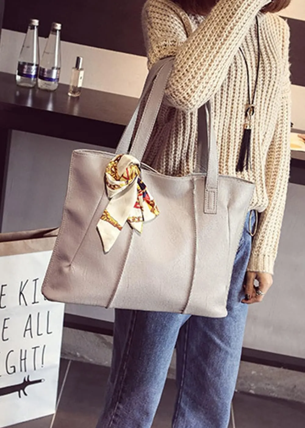 Women Tote Bag Bow Silk scarf Shoulder Bags Fashion Large Capacity Handbag