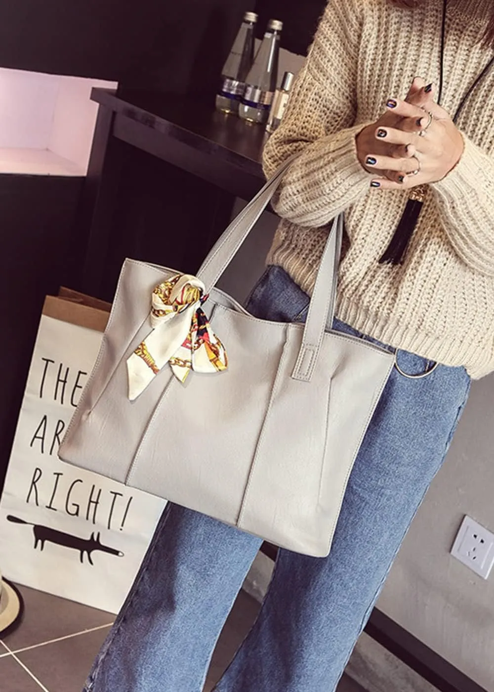 Women Tote Bag Bow Silk scarf Shoulder Bags Fashion Large Capacity Handbag