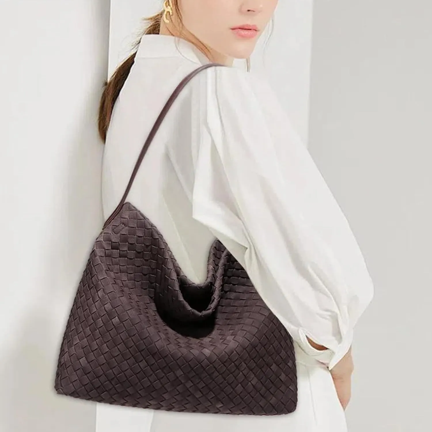 Women's Braided Leather Tote Bag Stylish Suede Hobo Shoulder Bag with Woven Details