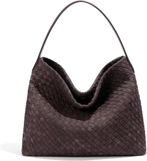 Women's Braided Leather Tote Bag Stylish Suede Hobo Shoulder Bag with Woven Details