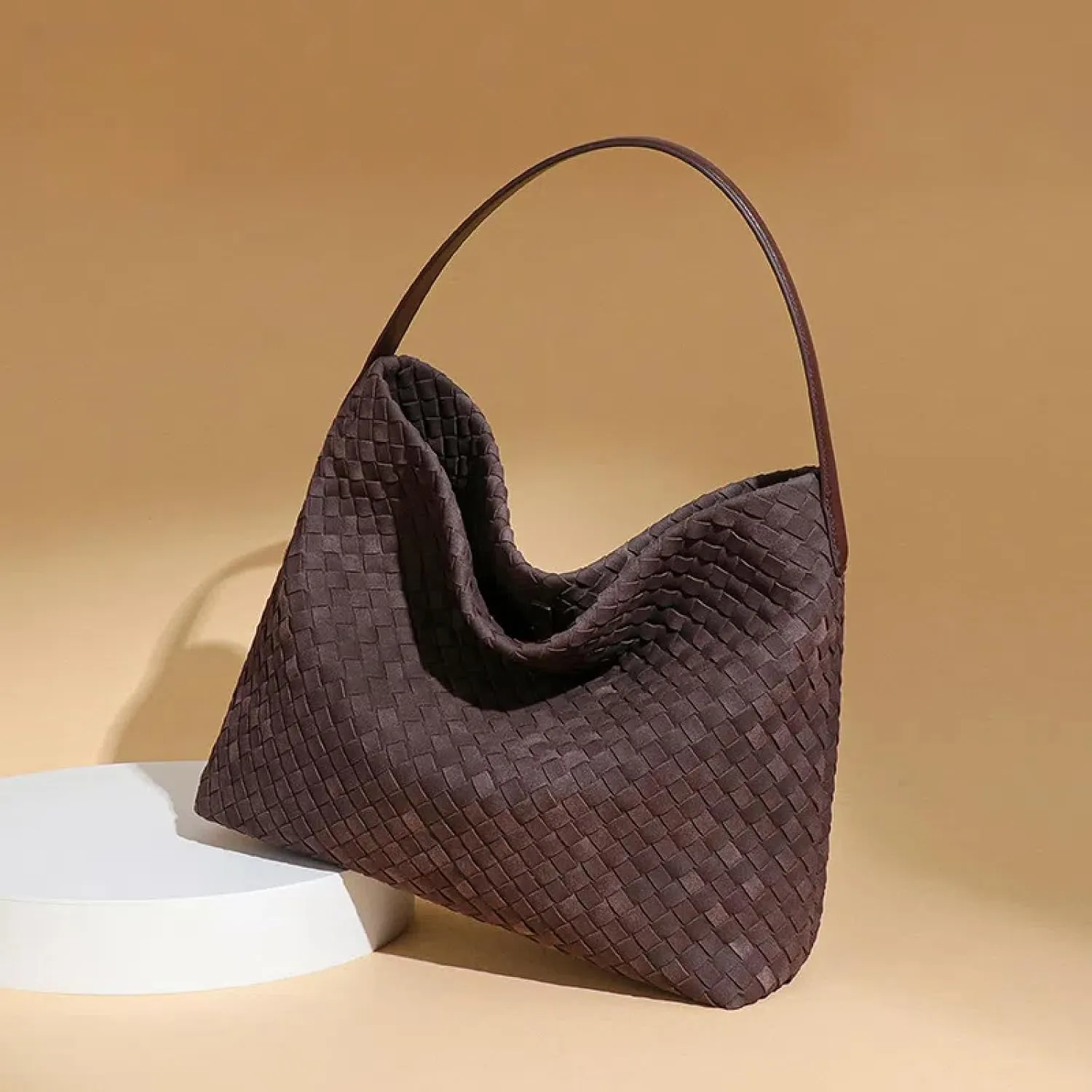 Women's Braided Leather Tote Bag Stylish Suede Hobo Shoulder Bag with Woven Details