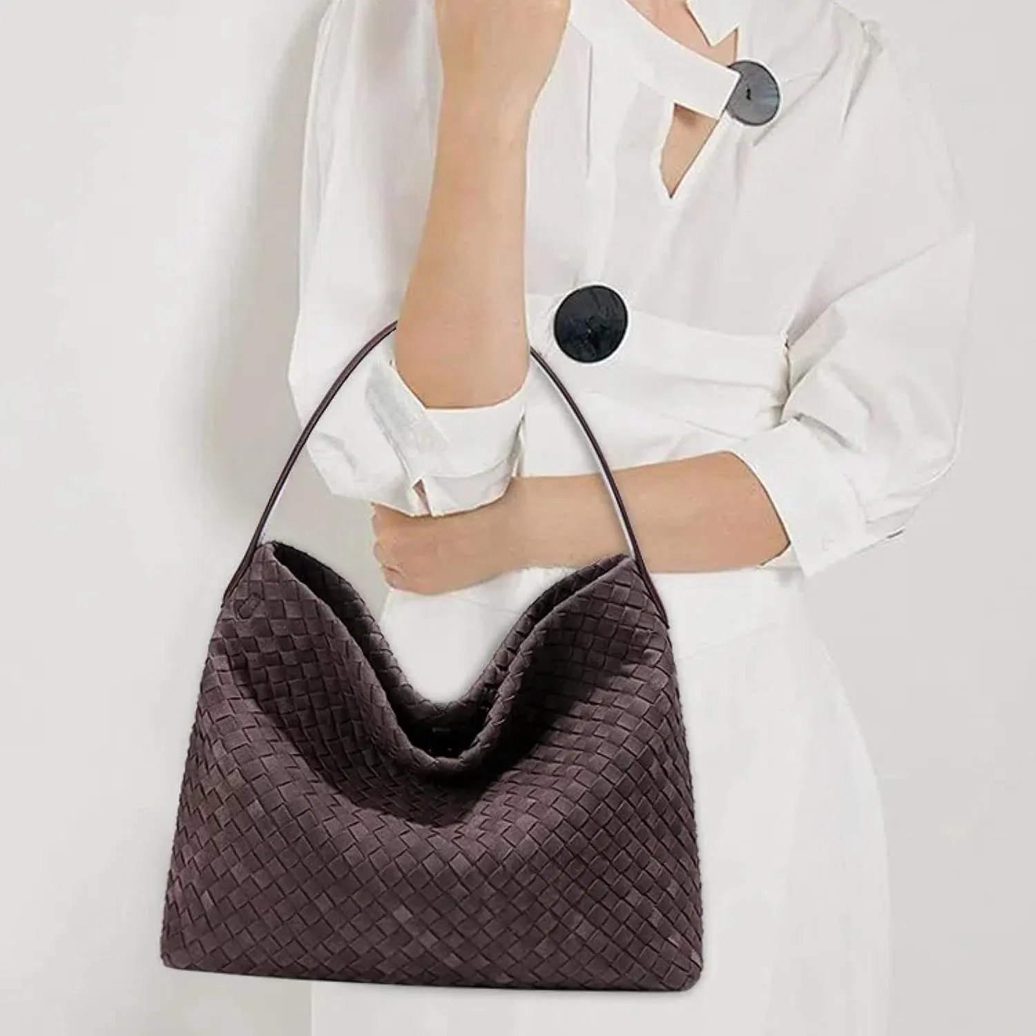Women's Braided Leather Tote Bag Stylish Suede Hobo Shoulder Bag with Woven Details