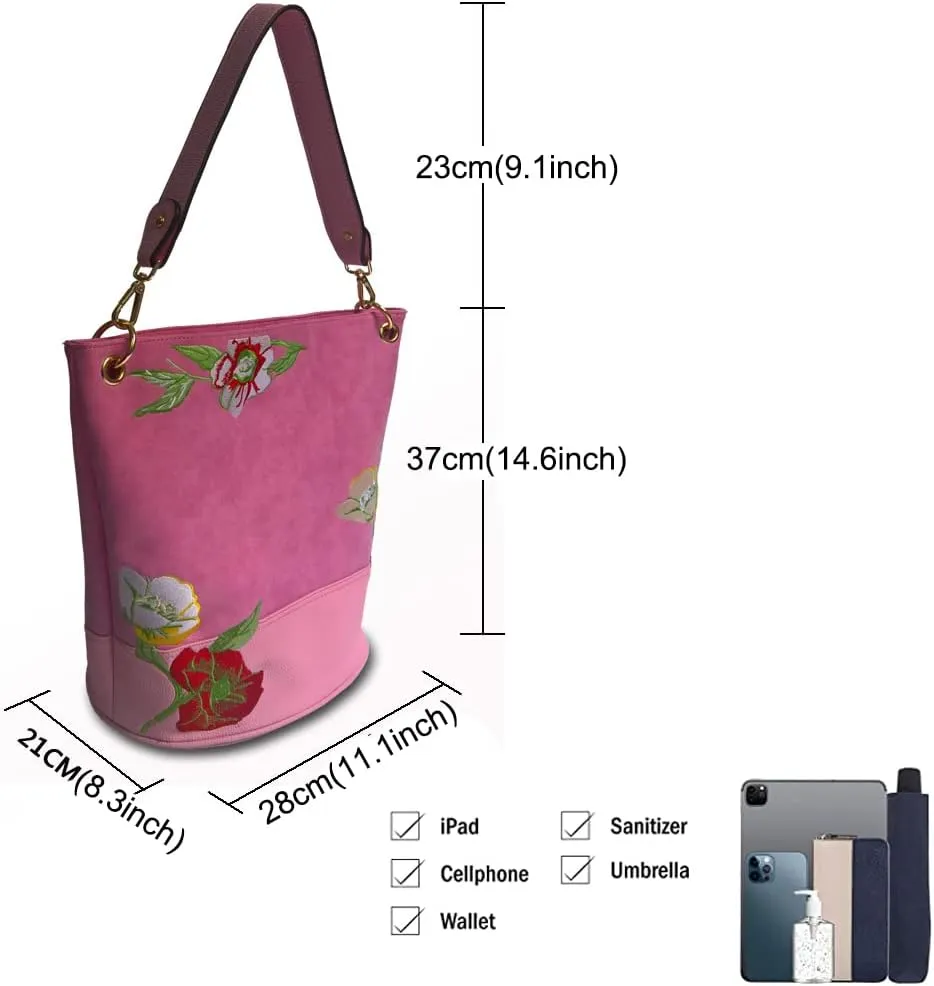 Womens Bucket Bag Floral Embroidered Hobo Bag Purse PU Leather Satchel Small Tote Bags Shoulder Crossbody Bag Vintage