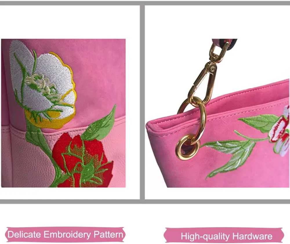 Womens Bucket Bag Floral Embroidered Hobo Bag Purse PU Leather Satchel Small Tote Bags Shoulder Crossbody Bag Vintage