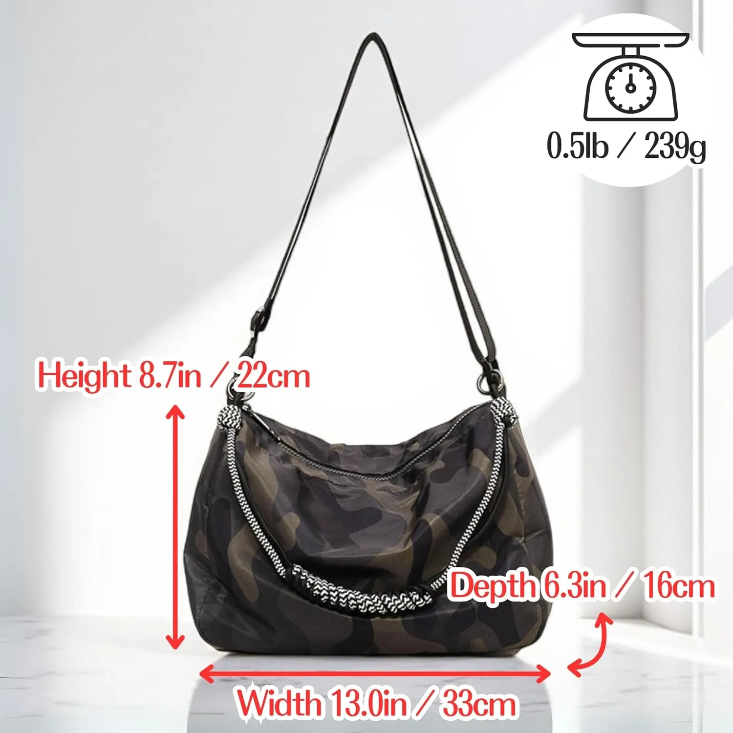 Womens Camouflage Adjustable Crossbody Zipper Hobo Bag with Genuine Leather, Canvas Polyester Travel Shoulder Handbags