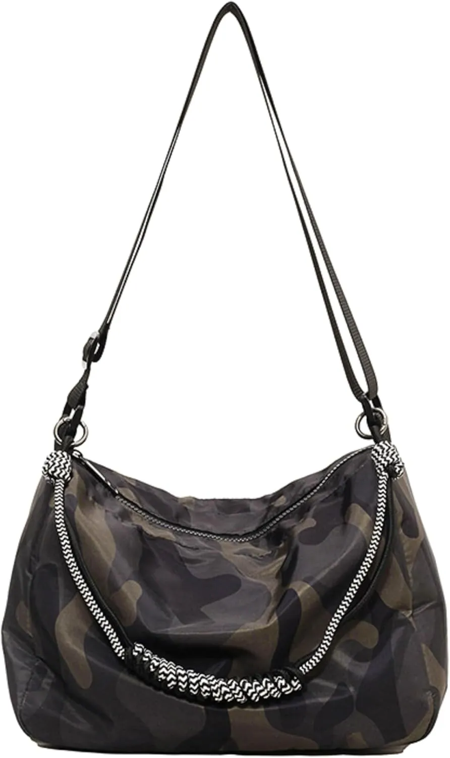Womens Camouflage Adjustable Crossbody Zipper Hobo Bag with Genuine Leather, Canvas Polyester Travel Shoulder Handbags
