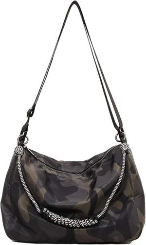 Womens Camouflage Adjustable Crossbody Zipper Hobo Bag with Genuine Leather, Canvas Polyester Travel Shoulder Handbags