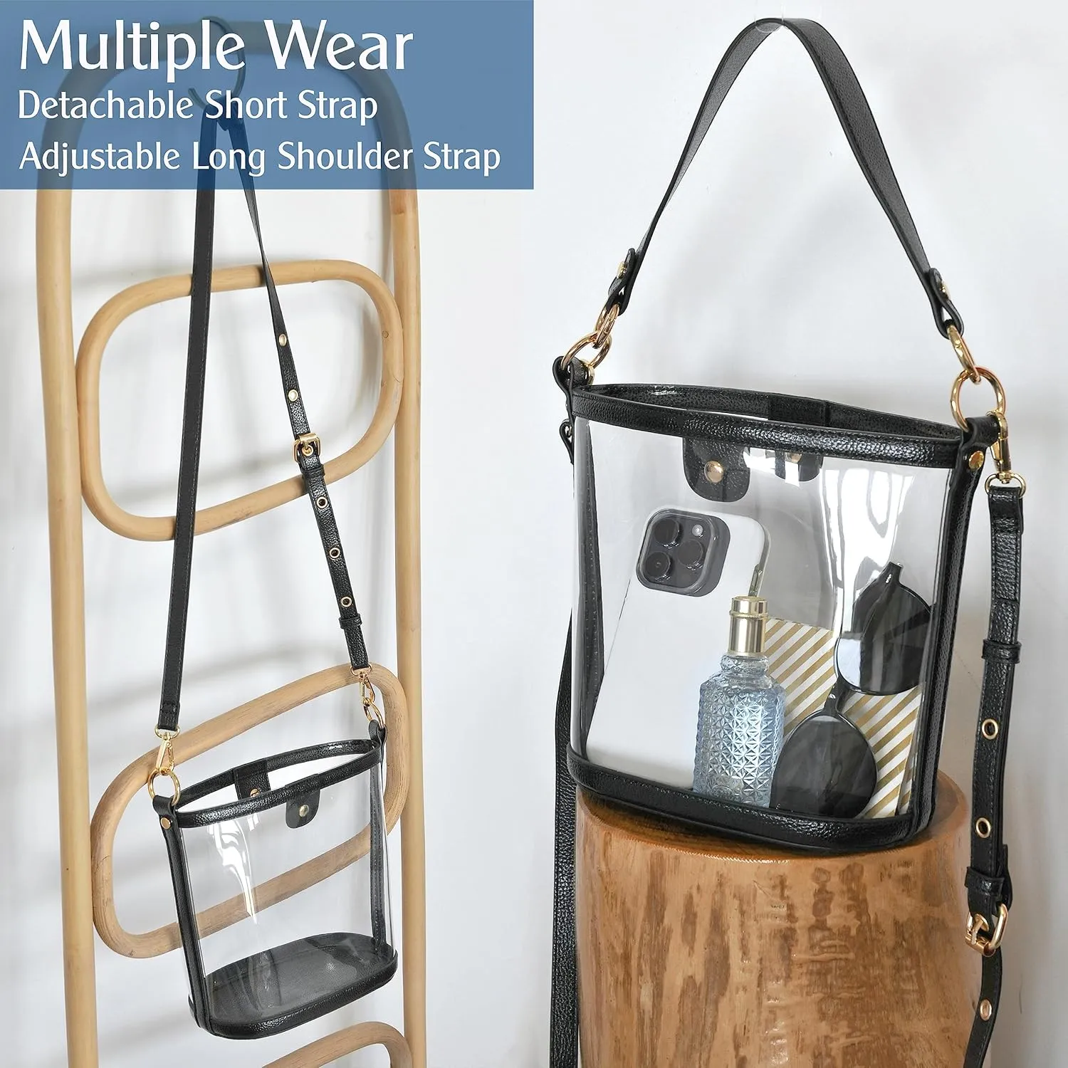 Women's Clear PVC Bucket Top Handle Crossbody Bag With Vegan Leather Trim Transparent Shoulder Handbag