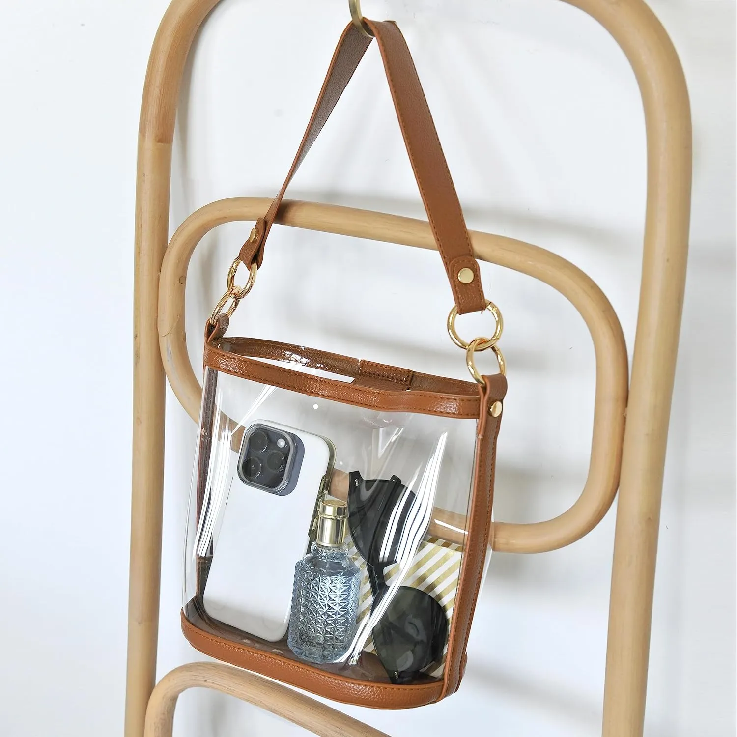 Women's Clear PVC Bucket Top Handle Crossbody Bag With Vegan Leather Trim Transparent Shoulder Handbag