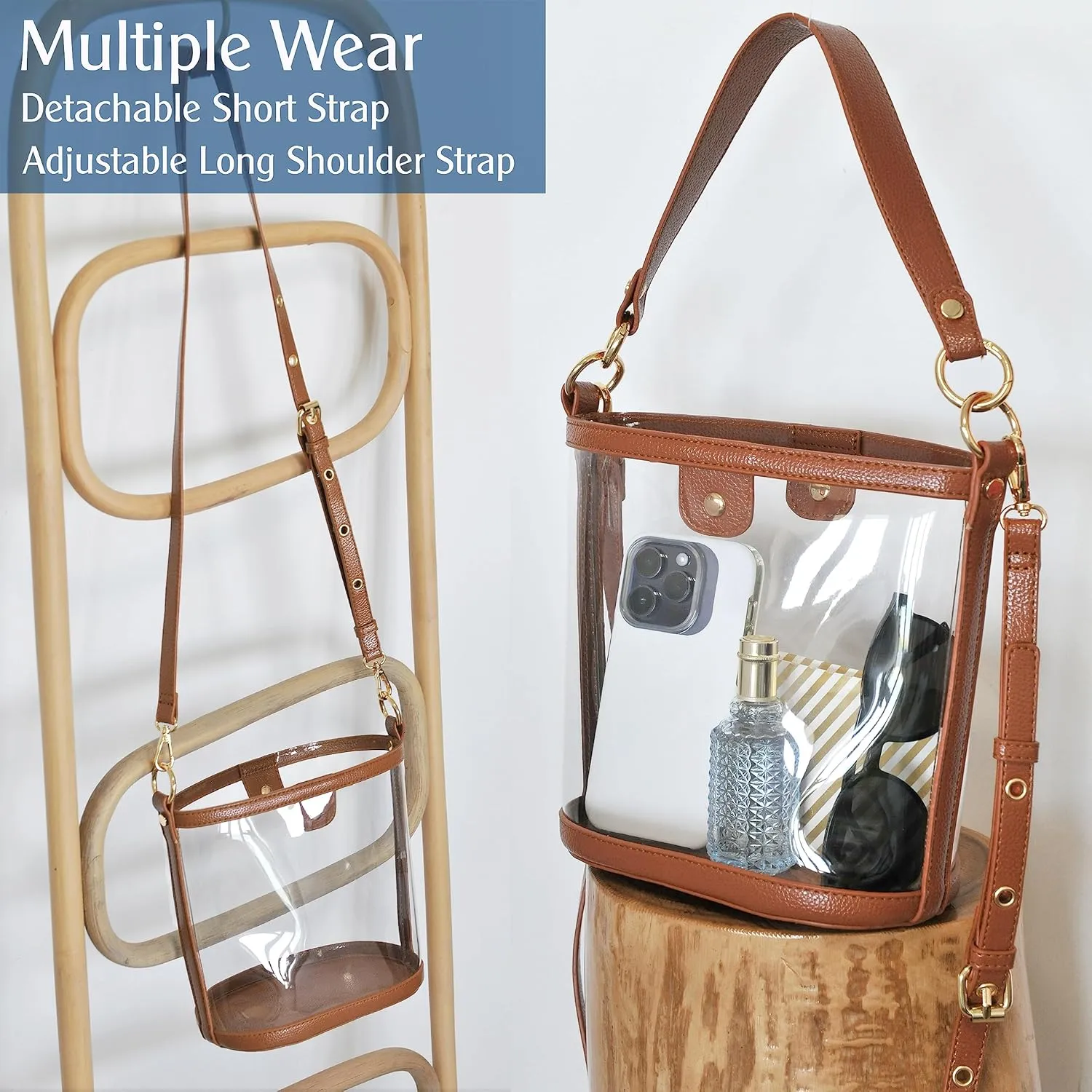 Women's Clear PVC Bucket Top Handle Crossbody Bag With Vegan Leather Trim Transparent Shoulder Handbag