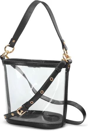 Women's Clear PVC Bucket Top Handle Crossbody Bag With Vegan Leather Trim Transparent Shoulder Handbag