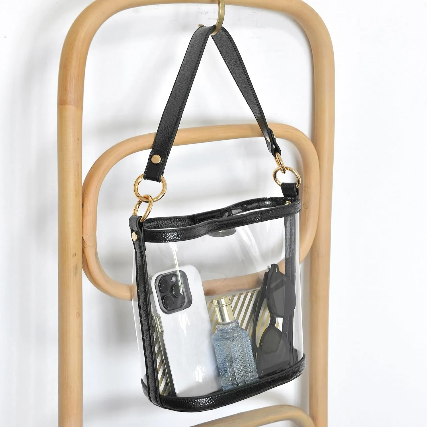 Women's Clear PVC Bucket Top Handle Crossbody Bag With Vegan Leather Trim Transparent Shoulder Handbag