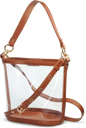 Women's Clear PVC Bucket Top Handle Crossbody Bag With Vegan Leather Trim Transparent Shoulder Handbag