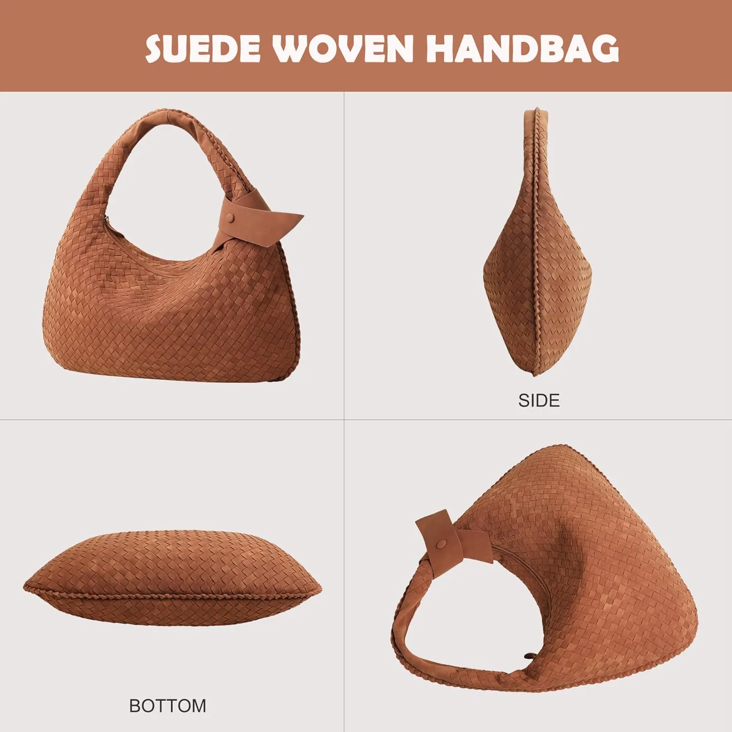 Women's Faux Suede Bag, Woven Bag, Shoulder Bag Slouchy Hobo, Suede Handbag with Zipper Closure