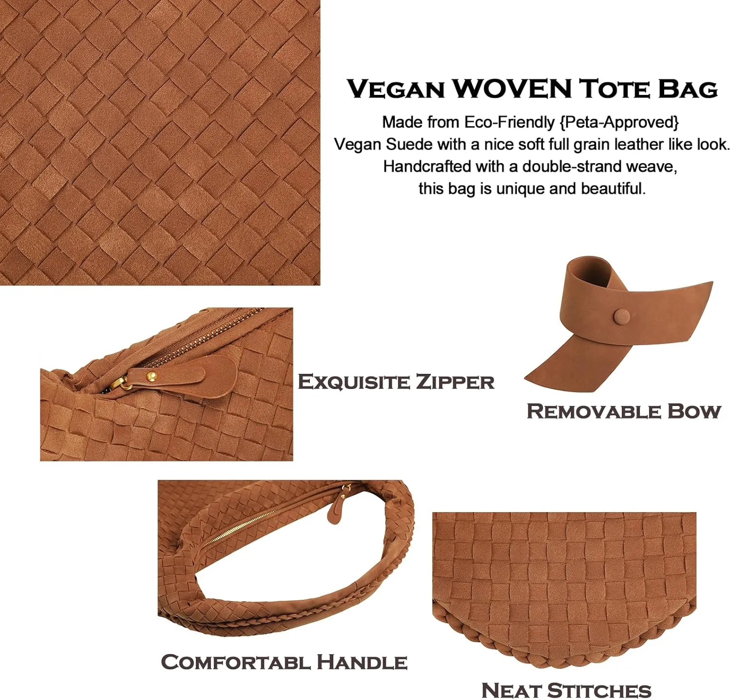 Women's Faux Suede Bag, Woven Bag, Shoulder Bag Slouchy Hobo, Suede Handbag with Zipper Closure