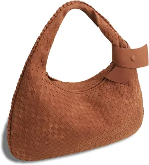 Women's Faux Suede Bag, Woven Bag, Shoulder Bag Slouchy Hobo, Suede Handbag with Zipper Closure