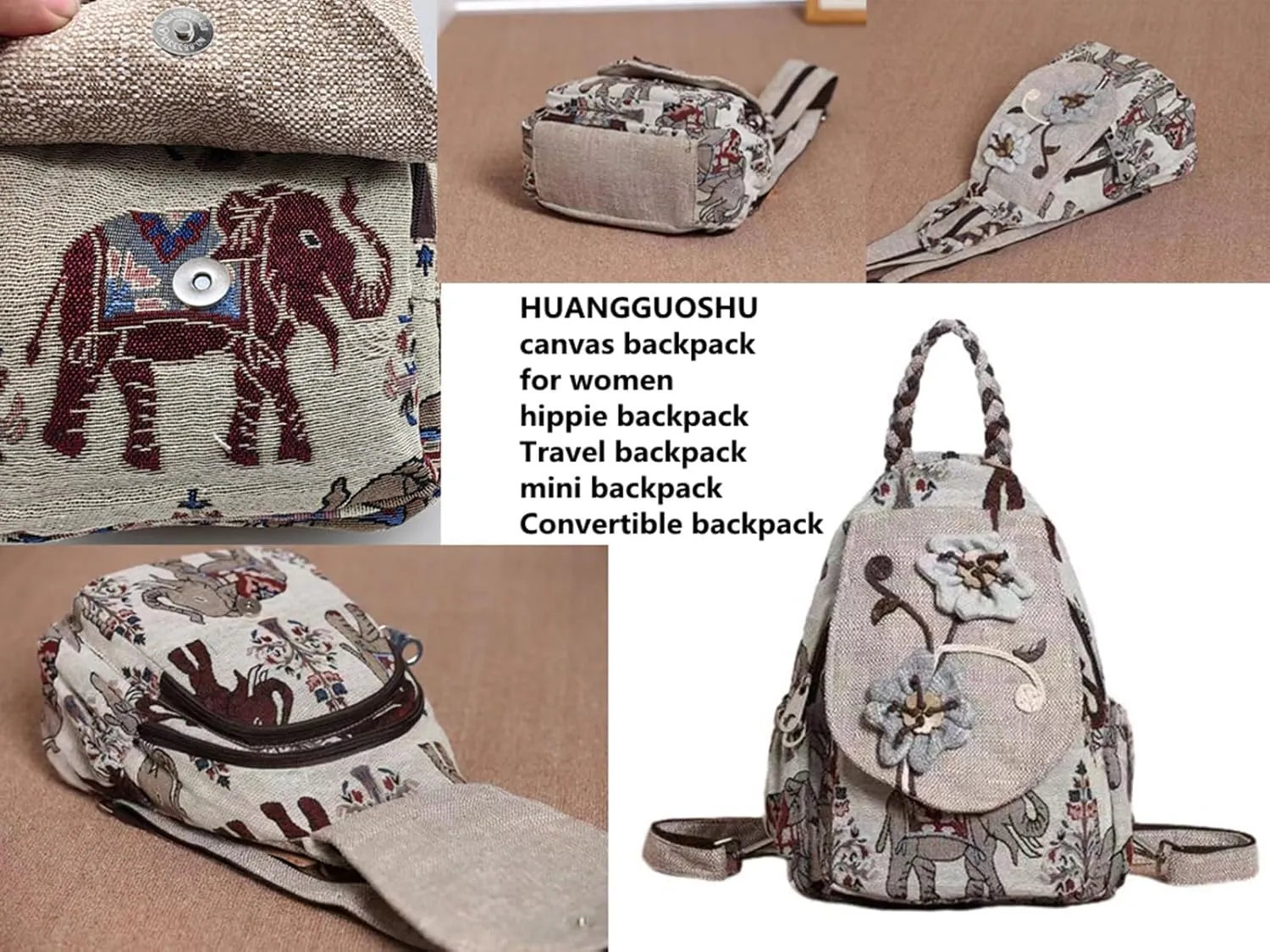 Womens Hippie Cotton Hemp Cloth Backpack Boho Vintage Embroidered Casual Purse