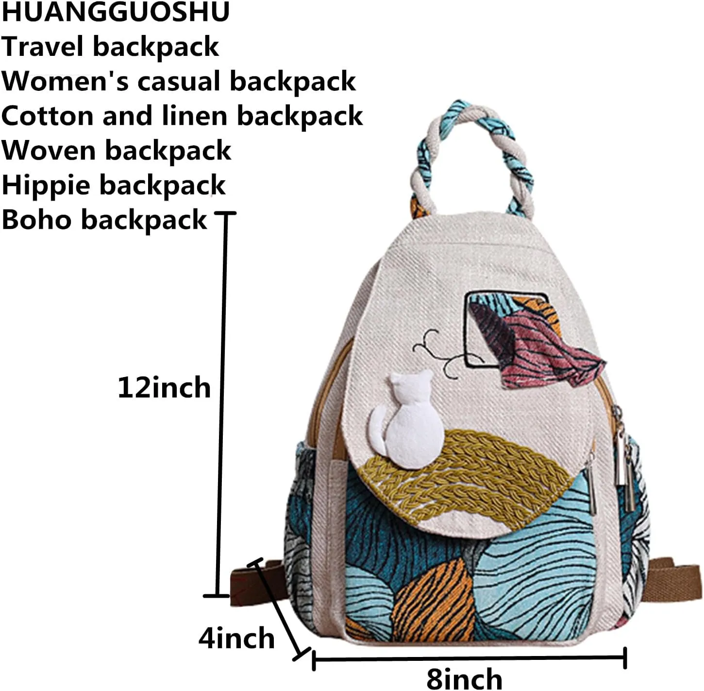 Womens Hippie Cotton Hemp Cloth Backpack Boho Vintage Embroidered Casual Purse