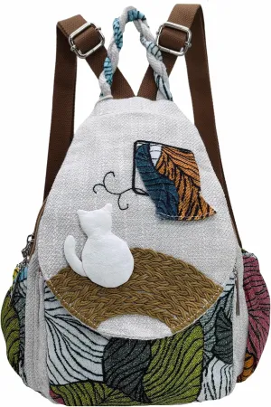 Womens Hippie Cotton Hemp Cloth Backpack Boho Vintage Embroidered Casual Purse