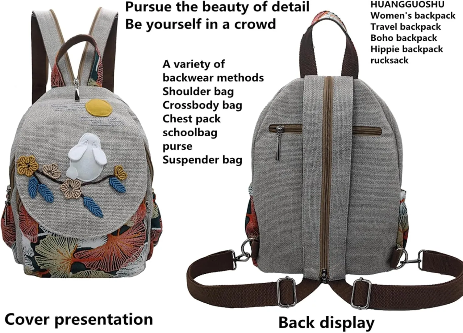 Womens Hippie Cotton Hemp Cloth Backpack Boho Vintage Embroidered Casual Purse