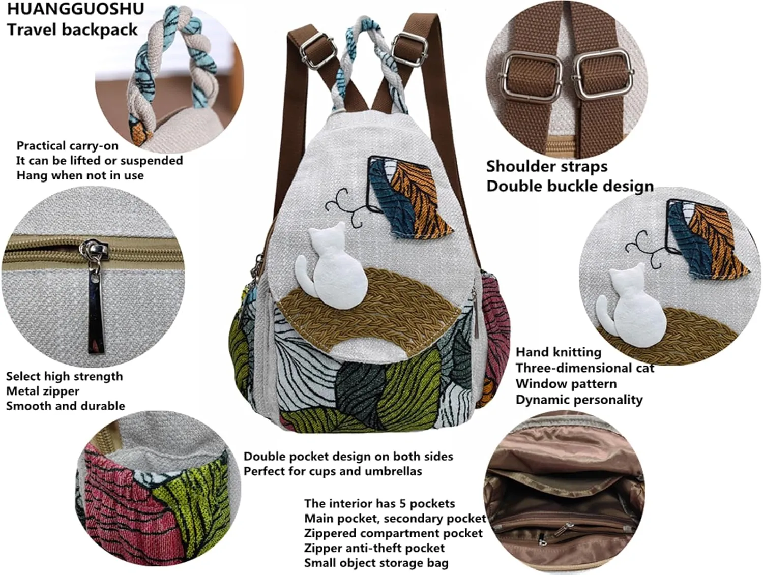 Womens Hippie Cotton Hemp Cloth Backpack Boho Vintage Embroidered Casual Purse