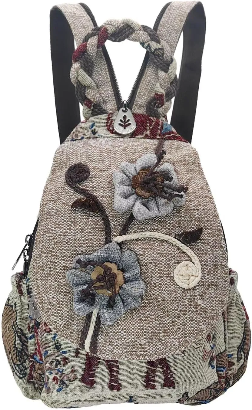 Womens Hippie Cotton Hemp Cloth Backpack Boho Vintage Embroidered Casual Purse