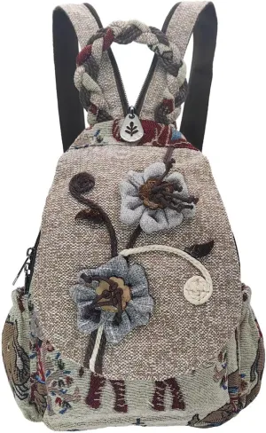 Womens Hippie Cotton Hemp Cloth Backpack Boho Vintage Embroidered Casual Purse