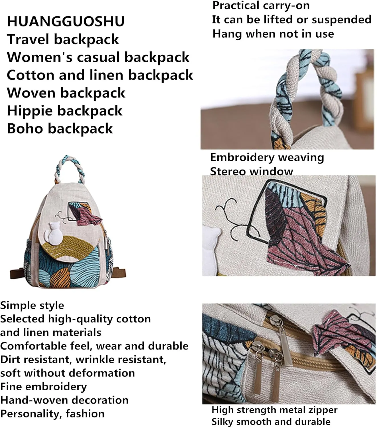 Womens Hippie Cotton Hemp Cloth Backpack Boho Vintage Embroidered Casual Purse