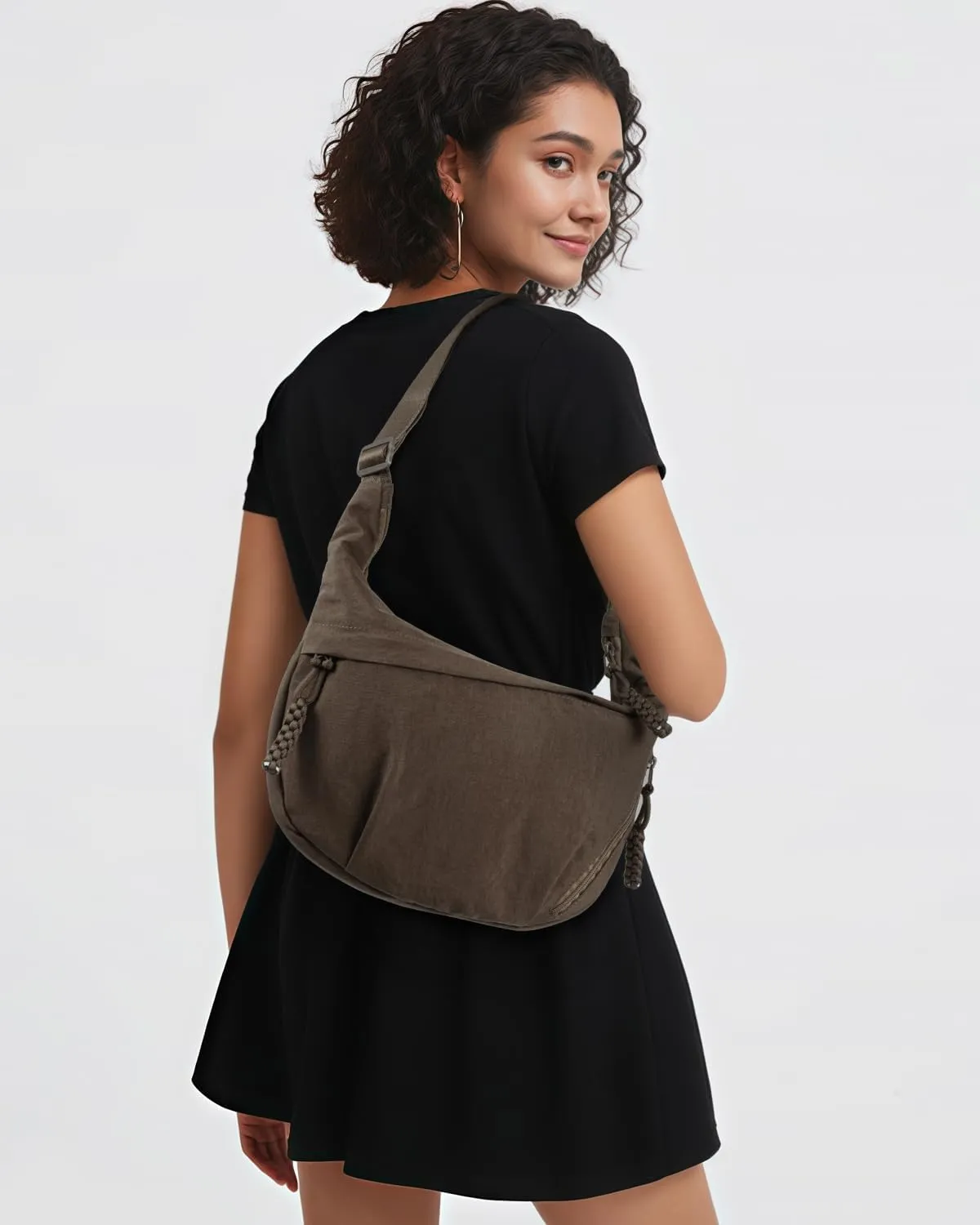 Women's Nylon Hobo Crescent Crossbody Bag, Multi-Pocket Sling Bag, Half Moon Shoulder Purse