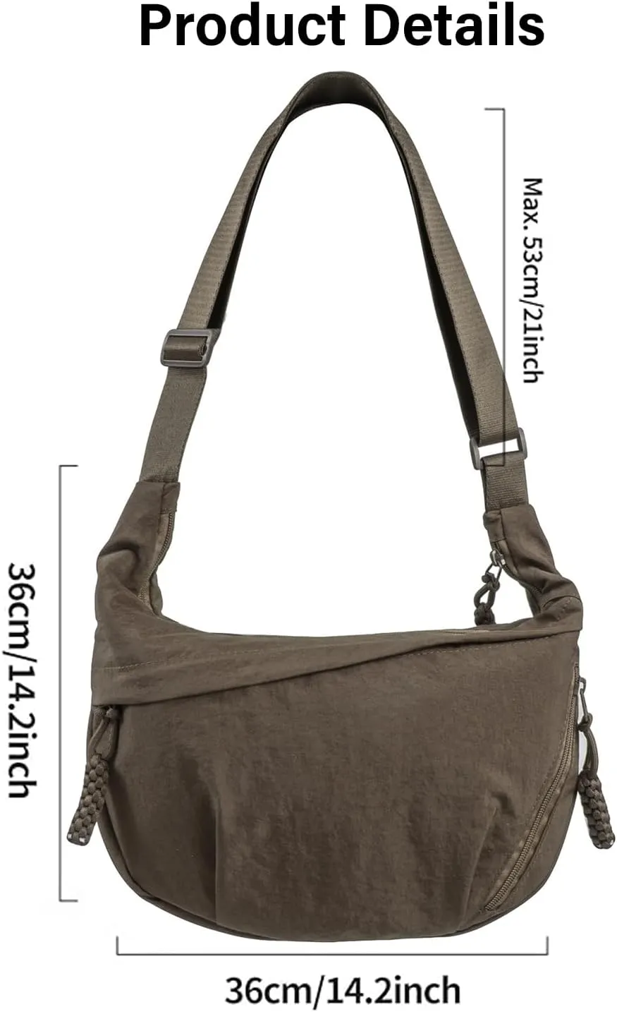 Women's Nylon Hobo Crescent Crossbody Bag, Multi-Pocket Sling Bag, Half Moon Shoulder Purse