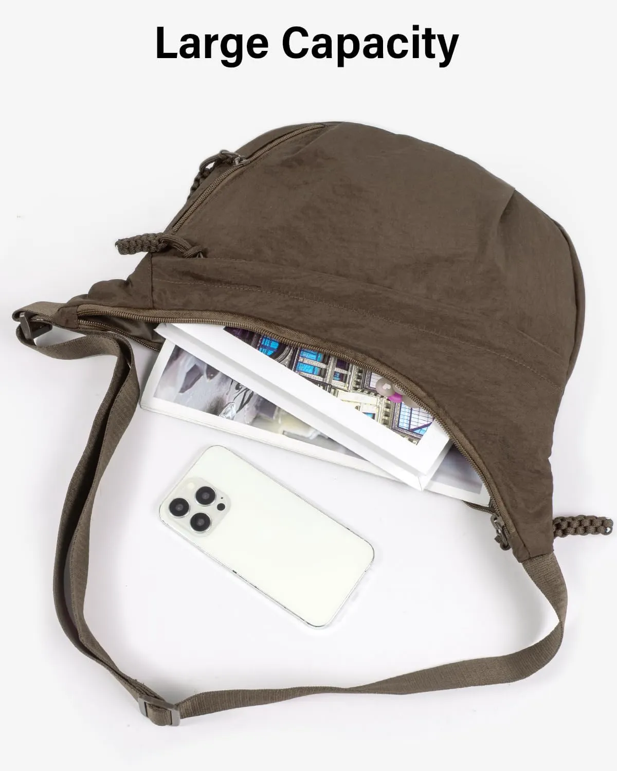 Women's Nylon Hobo Crescent Crossbody Bag, Multi-Pocket Sling Bag, Half Moon Shoulder Purse