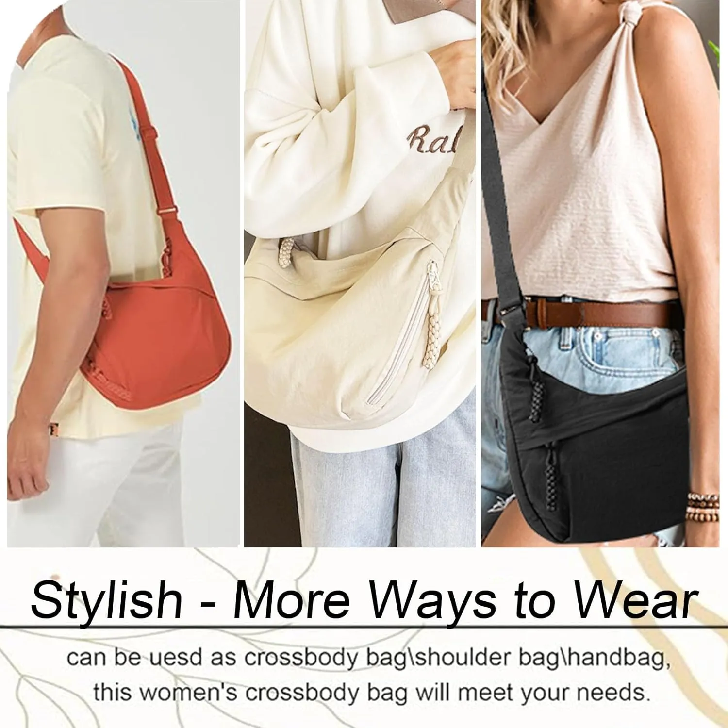 Women's Nylon Hobo Crescent Crossbody Bag, Multi-Pocket Sling Bag, Half Moon Shoulder Purse
