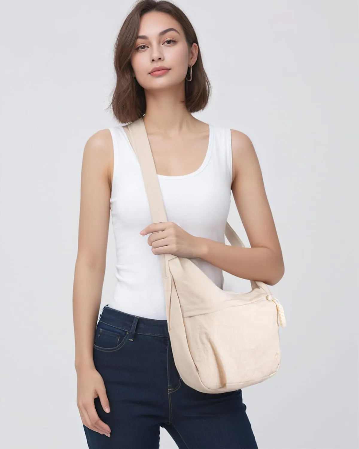 Women's Nylon Hobo Crescent Crossbody Bag, Multi-Pocket Sling Bag, Half Moon Shoulder Purse