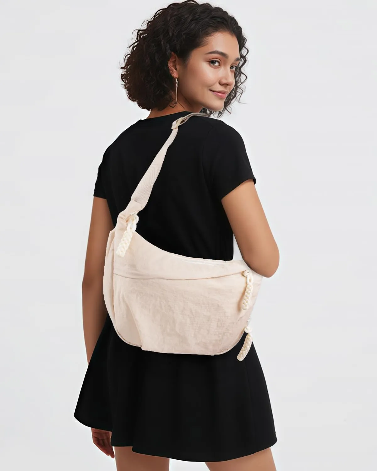 Women's Nylon Hobo Crescent Crossbody Bag, Multi-Pocket Sling Bag, Half Moon Shoulder Purse