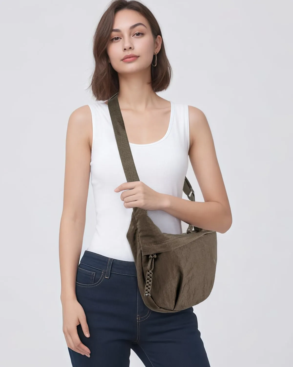 Women's Nylon Hobo Crescent Crossbody Bag, Multi-Pocket Sling Bag, Half Moon Shoulder Purse