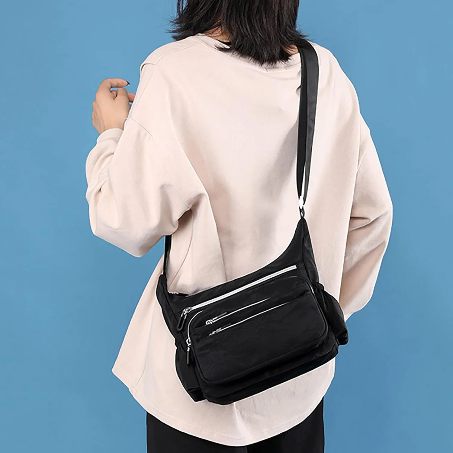 Womens Pocket Casual Crossbody Bag Ladies Shoulder Messenger Bags Handbag For Daily Use Travel Mens (Black, One Size)