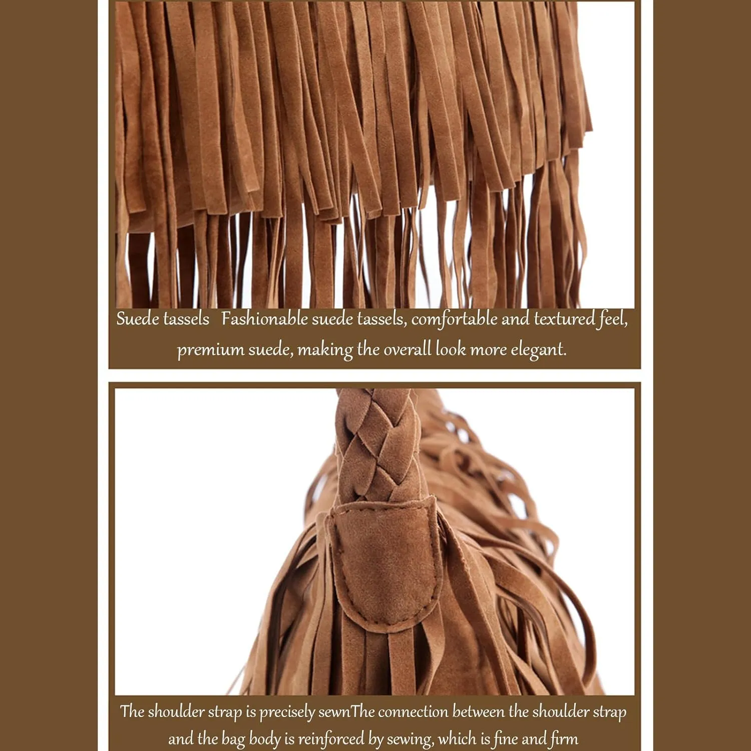 Women'S Retro Hippie Suede Tassel Messenger Bag Fashion Adjustable Western Hobo Crossbody Shoulder Handbags (brown,Medium)