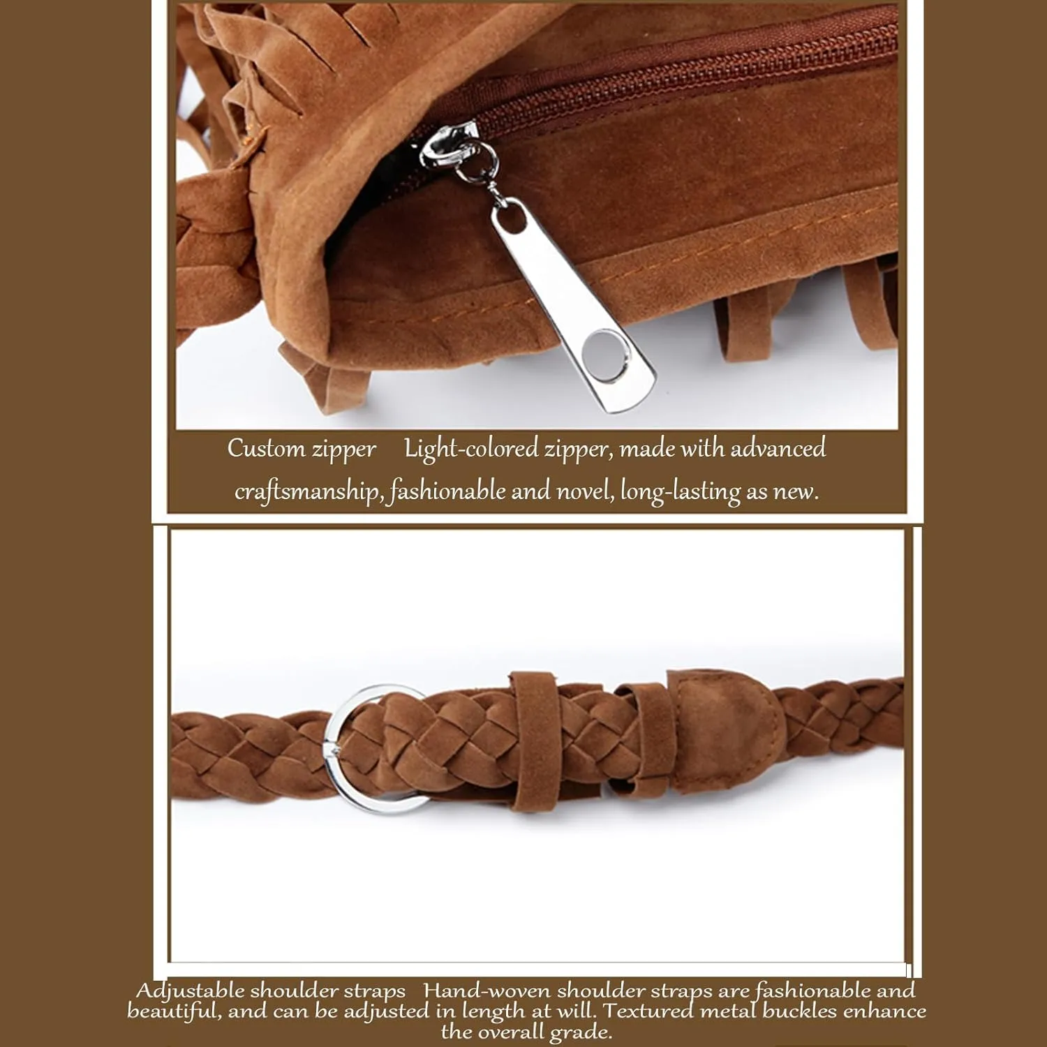 Women'S Retro Hippie Suede Tassel Messenger Bag Fashion Adjustable Western Hobo Crossbody Shoulder Handbags (brown,Medium)