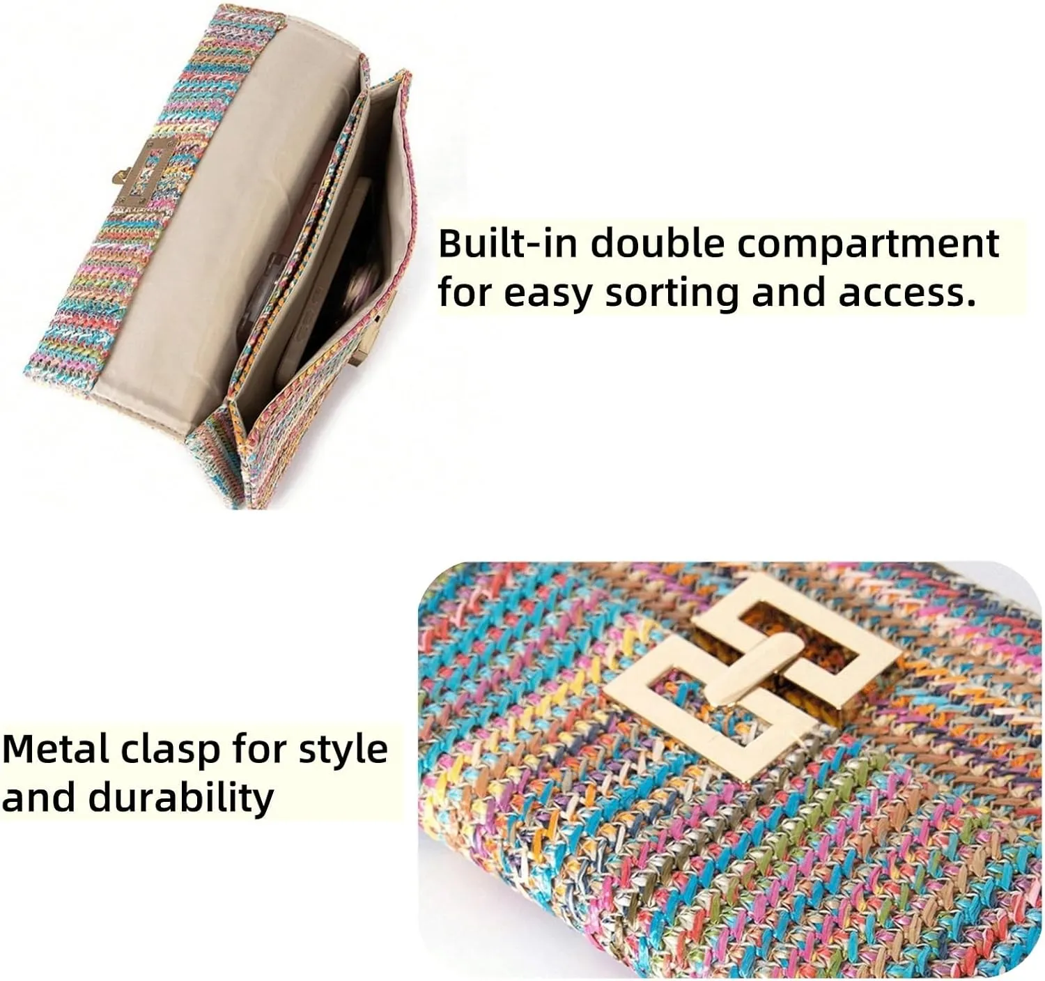Women's Shoulder Straw Bag, Boho Tote Handbag, Beach Straw Clutch Purse with Chain Strath, Crossbody Bag for Summer Evening