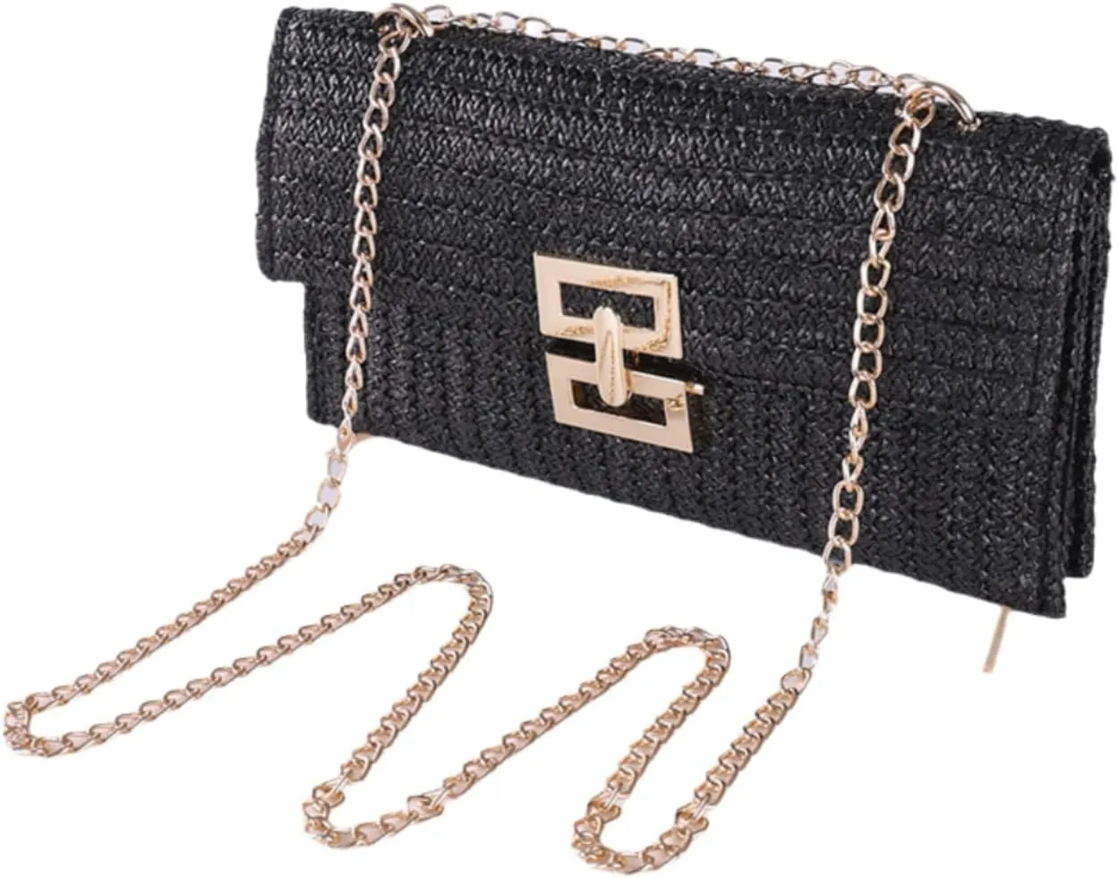Women's Shoulder Straw Bag, Boho Tote Handbag, Beach Straw Clutch Purse with Chain Strath, Crossbody Bag for Summer Evening