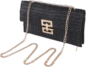 Women's Shoulder Straw Bag, Boho Tote Handbag, Beach Straw Clutch Purse with Chain Strath, Crossbody Bag for Summer Evening