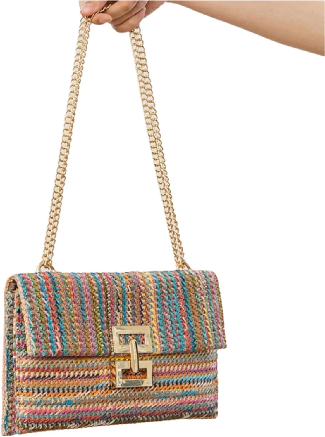 Women's Shoulder Straw Bag, Boho Tote Handbag, Beach Straw Clutch Purse with Chain Strath, Crossbody Bag for Summer Evening