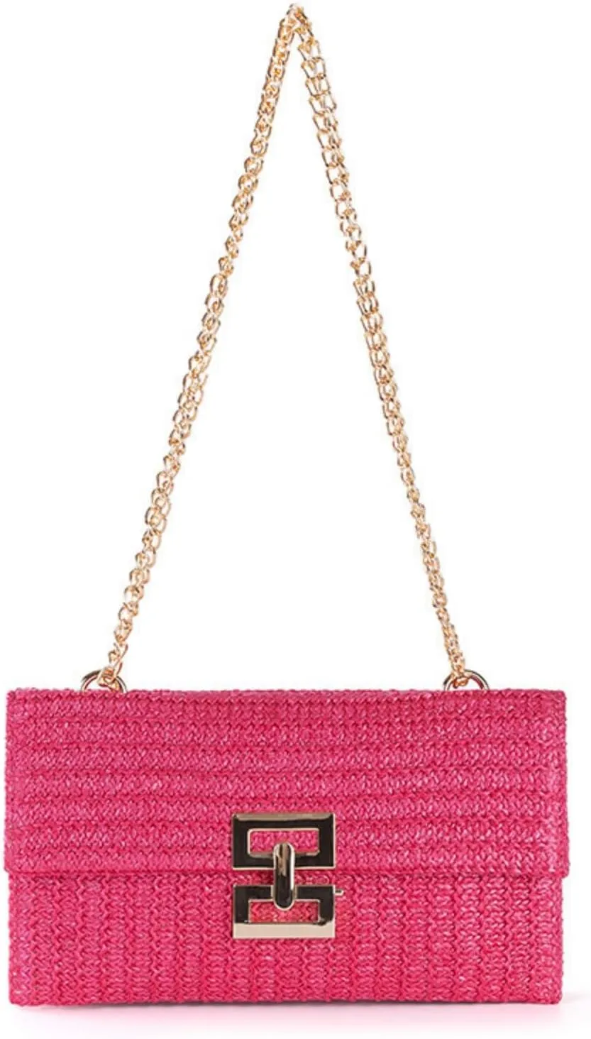 Women's Shoulder Straw Bag, Boho Tote Handbag, Beach Straw Clutch Purse with Chain Strath, Crossbody Bag for Summer Evening